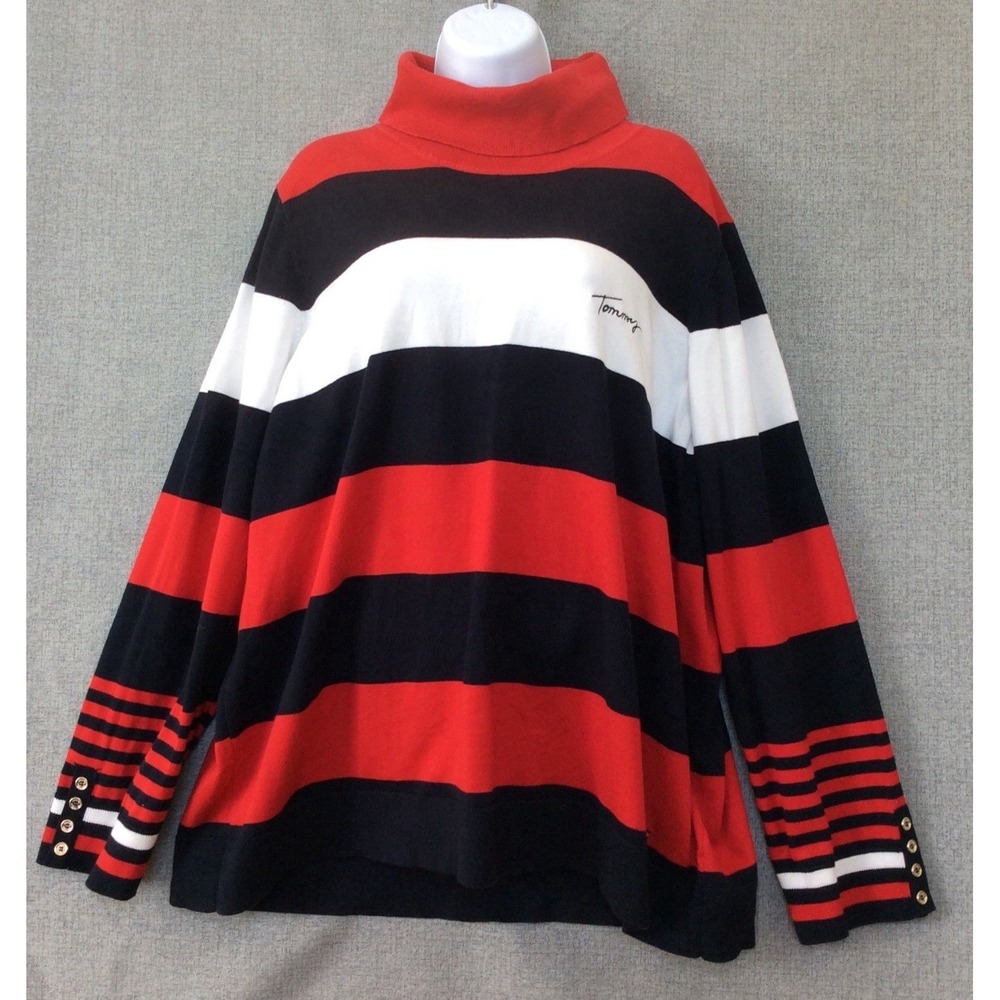 Tommy Hilfiger Turtleneck Sweater Red Navy White Striped Button Cuff 2X READ - Picture 1 of 11